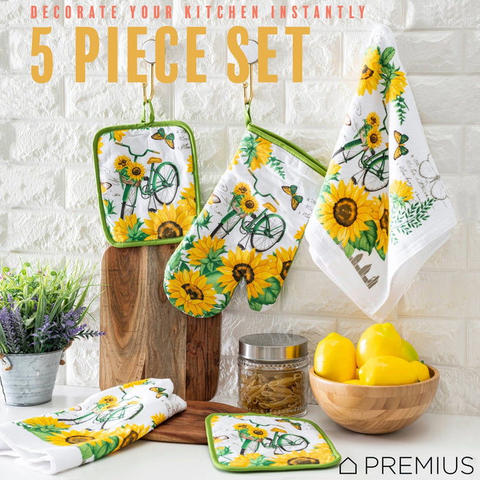 Shopbobbys Premius 5 Piece Printed Kitchen Linen Set, 2 Cotton Towels, 2 Pot Holders, 1 Oven Mitt