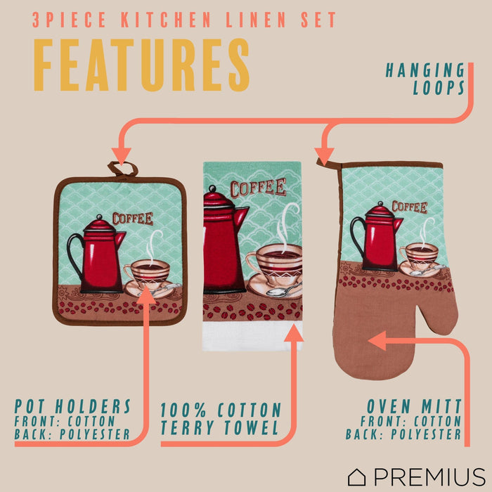 Shopbobbys Premius 3 Piece Printed Kitchen Linen Set, 1 Cotton Towel, 1 Pot Holder, 1 Oven Mitt