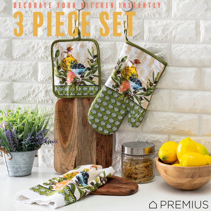 Shopbobbys Premius 3 Piece Printed Kitchen Linen Set, 1 Cotton Towel, 1 Pot Holder, 1 Oven Mitt