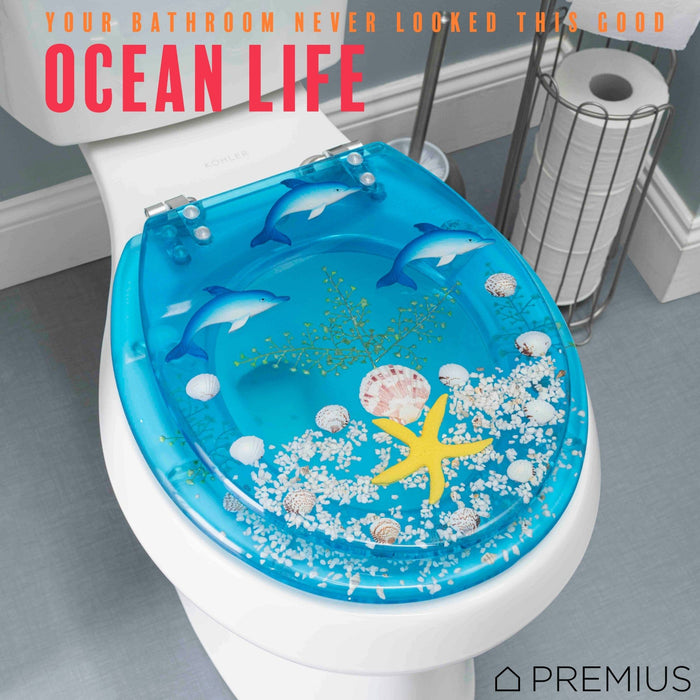 Shopbobbys Premius Polyresin Ocean Life Dolphins Toilet Seat, Clear-Blue, Standard Round, 17 Inches