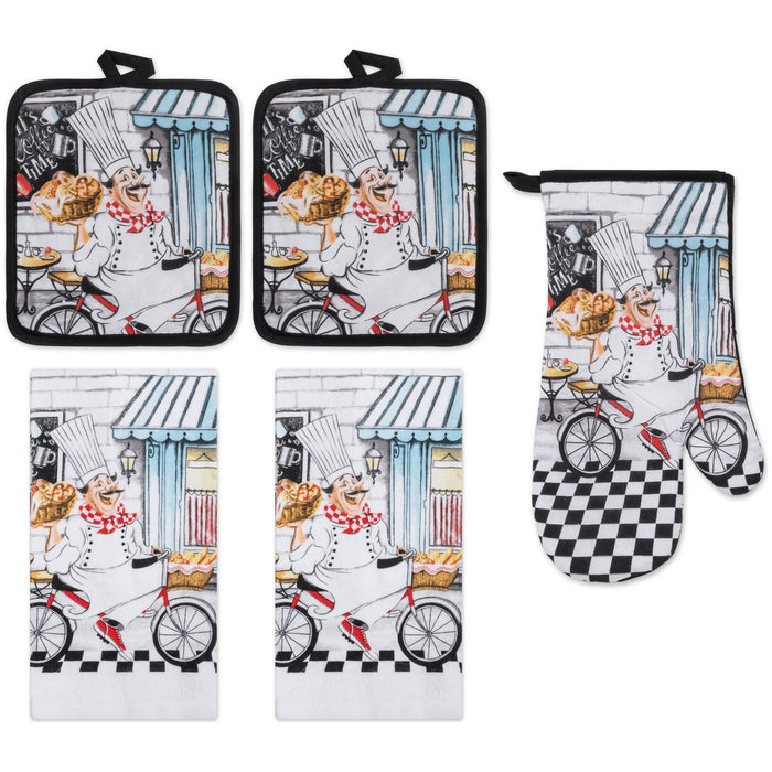 Shopbobbys Premius 5 Piece Printed Kitchen Linen Set, 2 Cotton Towels, 2 Pot Holders, 1 Oven Mitt