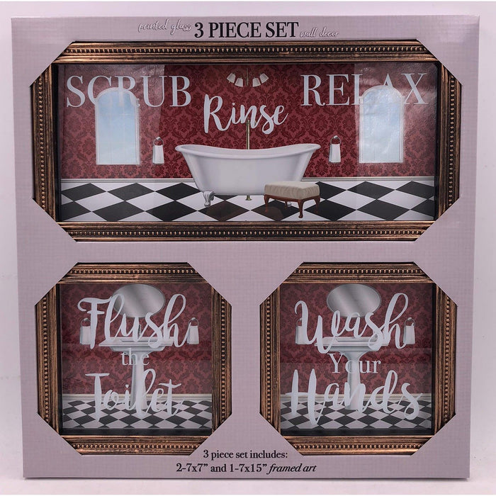 Shopbobbys Premius 3 Piece Scrub-Rinse-Relax Bathroom Art, 15X7, 7X7 Inches