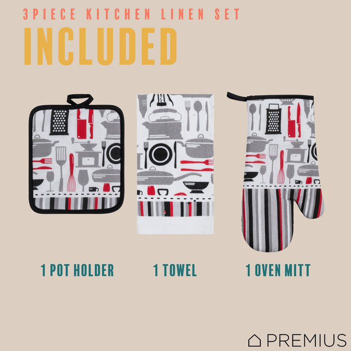 Shopbobbys Premius 3 Piece Printed Kitchen Linen Set, 1 Cotton Towel, 1 Pot Holder, 1 Oven Mitt