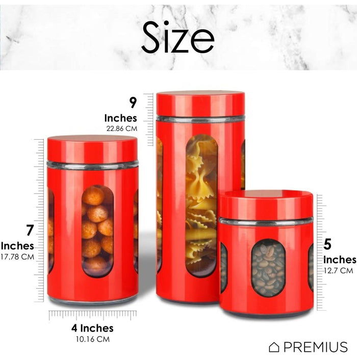 Shopbobbys Premius Airtight 3-Piece Kitchen Glass Canister Set, Red