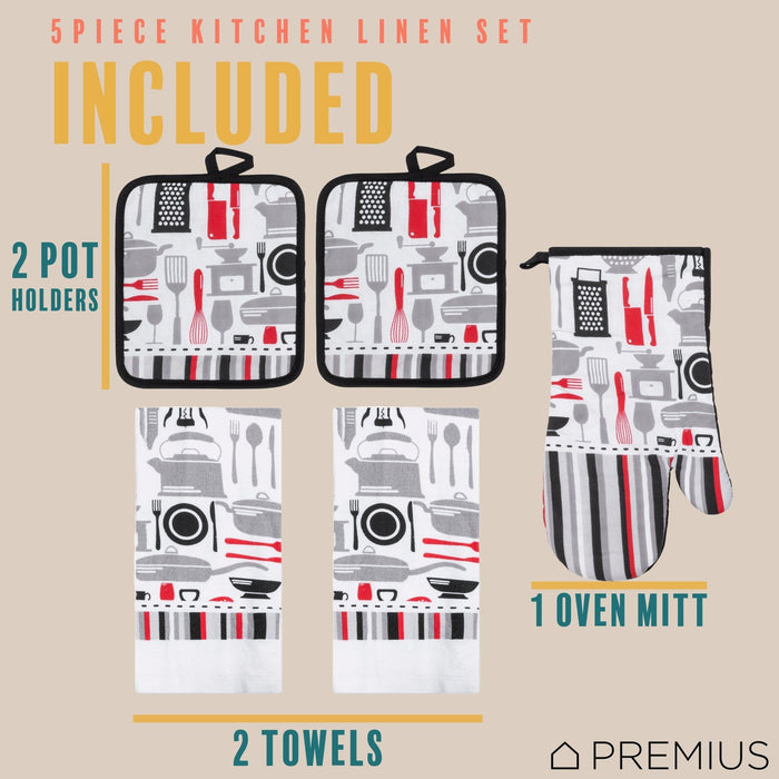 Shopbobbys Premius 5 Piece Printed Kitchen Linen Set, 2 Cotton Towels, 2 Pot Holders, 1 Oven Mitt