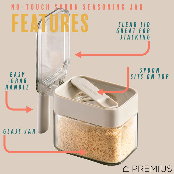 Shopbobbys Premius Stacking Glass Seasoning Spice Jar With No-Touch Spoon And Lid, White, 10.58 Ounces