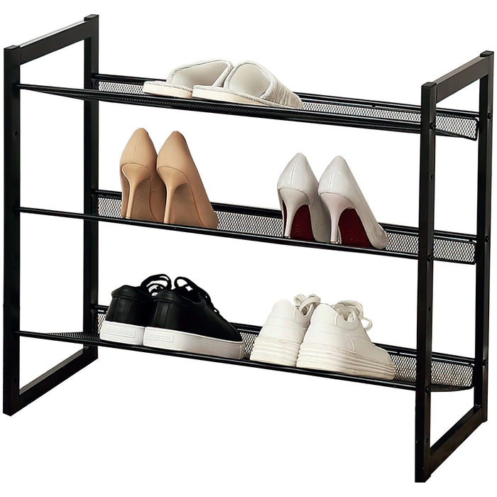 PREMIUS 3 Layer Metal Mesh Shelf Shoe Rack, Black, 29x12x16.5 Inches