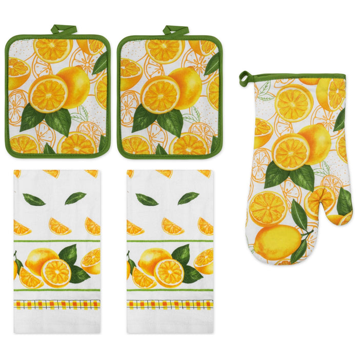 Shopbobbys Premius 5 Piece Printed Kitchen Linen Set, 2 Cotton Towels, 2 Pot Holders, 1 Oven Mitt