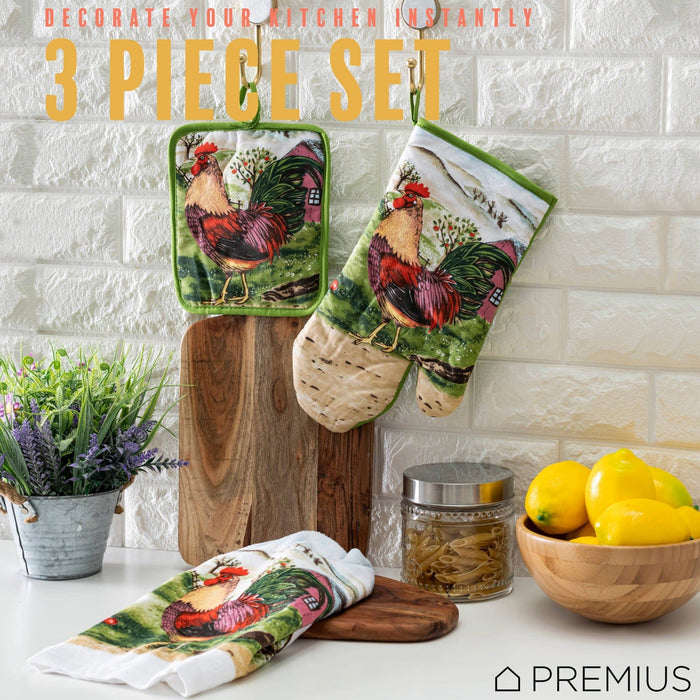 Shopbobbys Premius 3 Piece Printed Kitchen Linen Set, 1 Cotton Towel, 1 Pot Holder, 1 Oven Mitt