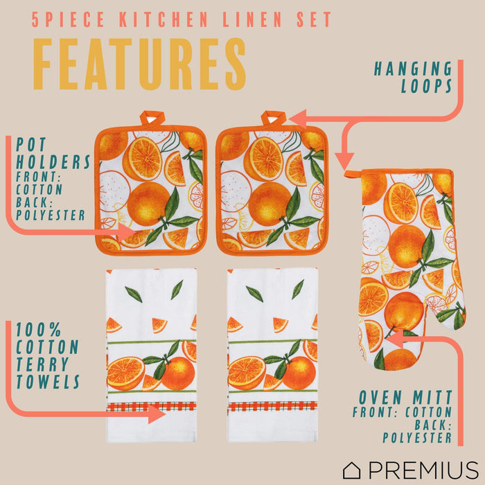 Shopbobbys Premius 5 Piece Printed Kitchen Linen Set, 2 Cotton Towels, 2 Pot Holders, 1 Oven Mitt