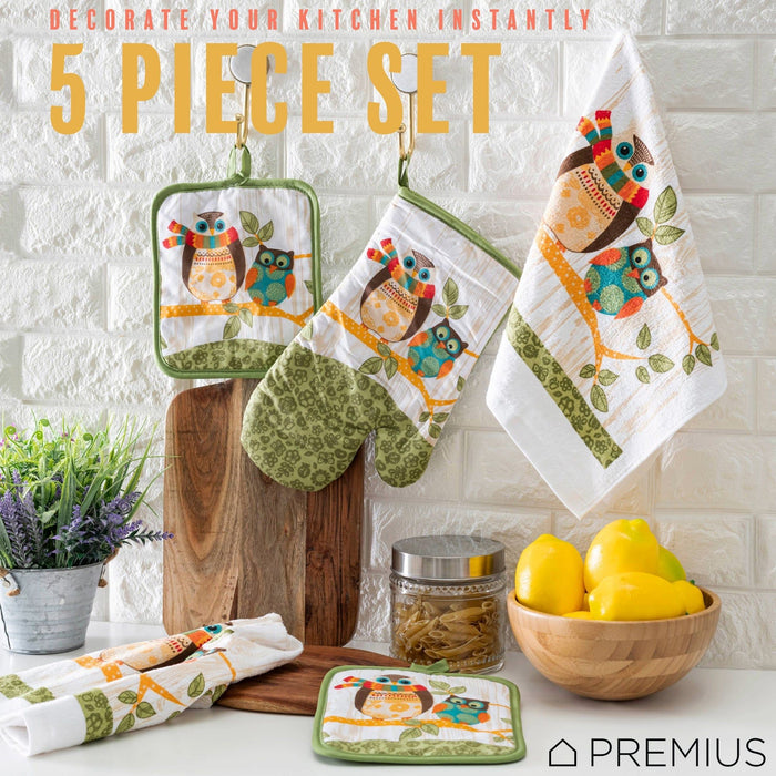 Shopbobbys Premius 5 Piece Printed Kitchen Linen Set, 2 Cotton Towels, 2 Pot Holders, 1 Oven Mitt