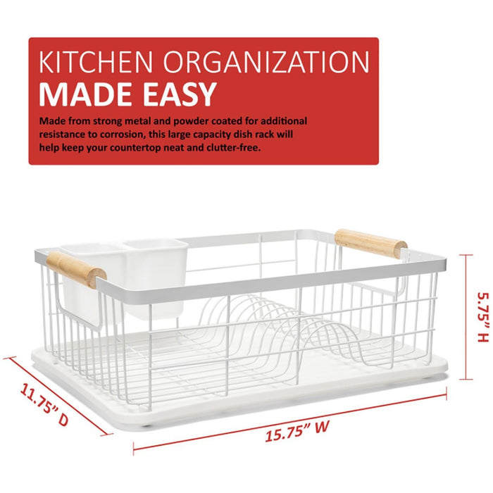 Shopbobbys Premius 3 Piece Dish Rack With Bamboo Handles, White, 16.9X12.6X4.3 Inches