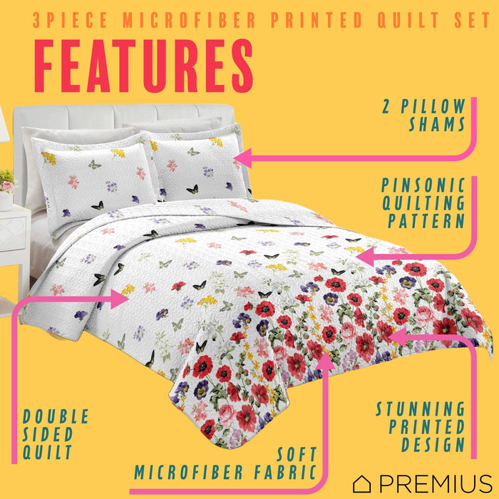 Shopbobbys Premius Butterfly 3 Piece Microfiber Wrinkle-Free Quilt Set, White-Multi