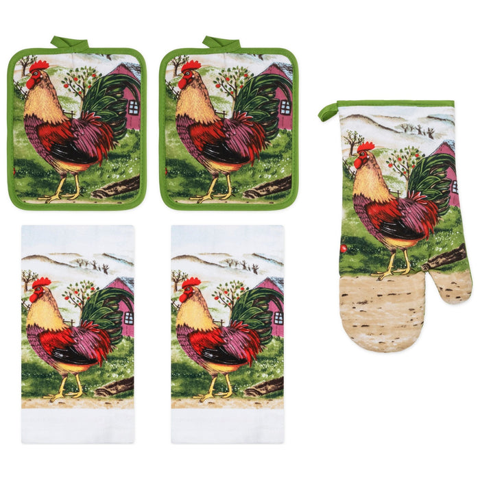 Shopbobbys Premius 5 Piece Printed Kitchen Linen Set, 2 Cotton Towels, 2 Pot Holders, 1 Oven Mitt