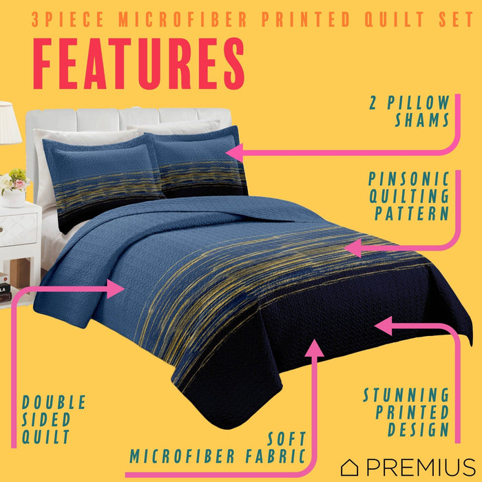 Shopbobbys Premius Leo 3 Piece Microfiber Wrinkle-Free Quilt Set, Navy-Gold