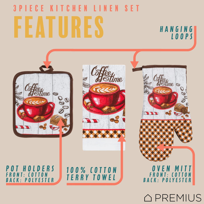 Shopbobbys Premius 3 Piece Printed Kitchen Linen Set, 1 Cotton Towel, 1 Pot Holder, 1 Oven Mitt