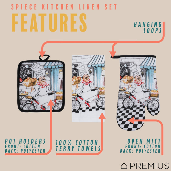 Shopbobbys Premius 3 Piece Printed Kitchen Linen Set, 1 Cotton Towel, 1 Pot Holder, 1 Oven Mitt