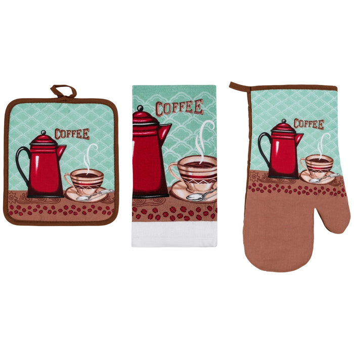 Shopbobbys Premius 3 Piece Printed Kitchen Linen Set, 1 Cotton Towel, 1 Pot Holder, 1 Oven Mitt