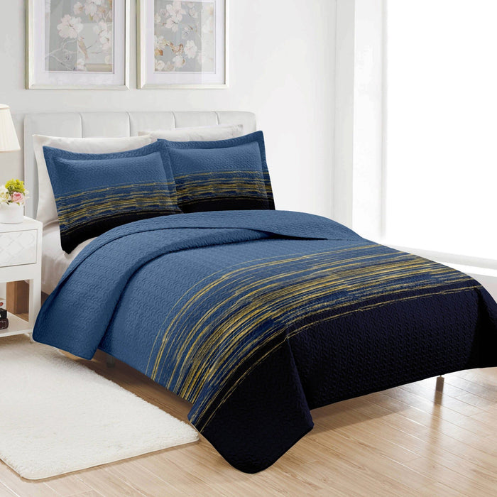 Shopbobbys Premius Leo 3 Piece Microfiber Wrinkle-Free Quilt Set, Navy-Gold