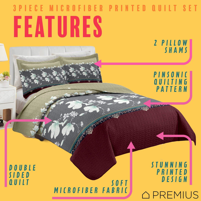 Shopbobbys Premius Scarlett 3 Piece Microfiber Wrinkle-Free Quilt Set, Brick-Gray-Beige