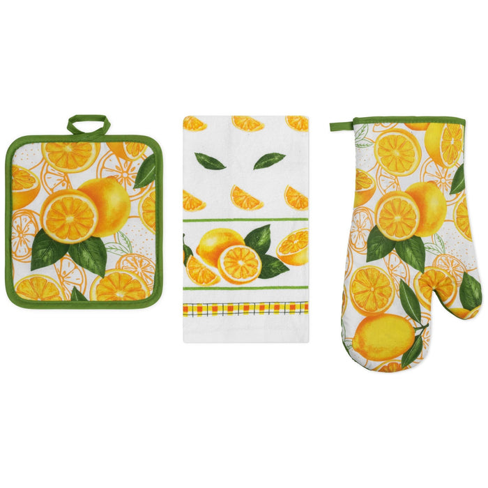 Shopbobbys Premius 3 Piece Printed Kitchen Linen Set, 1 Cotton Towel, 1 Pot Holder, 1 Oven Mitt