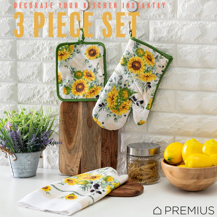 Shopbobbys Premius 3 Piece Printed Kitchen Linen Set, 1 Cotton Towel, 1 Pot Holder, 1 Oven Mitt