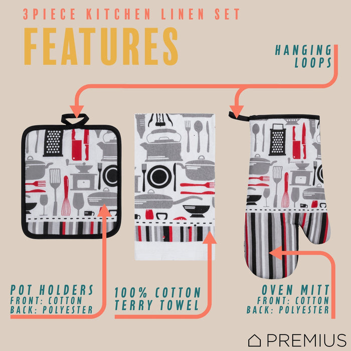 Shopbobbys Premius 3 Piece Printed Kitchen Linen Set, 1 Cotton Towel, 1 Pot Holder, 1 Oven Mitt