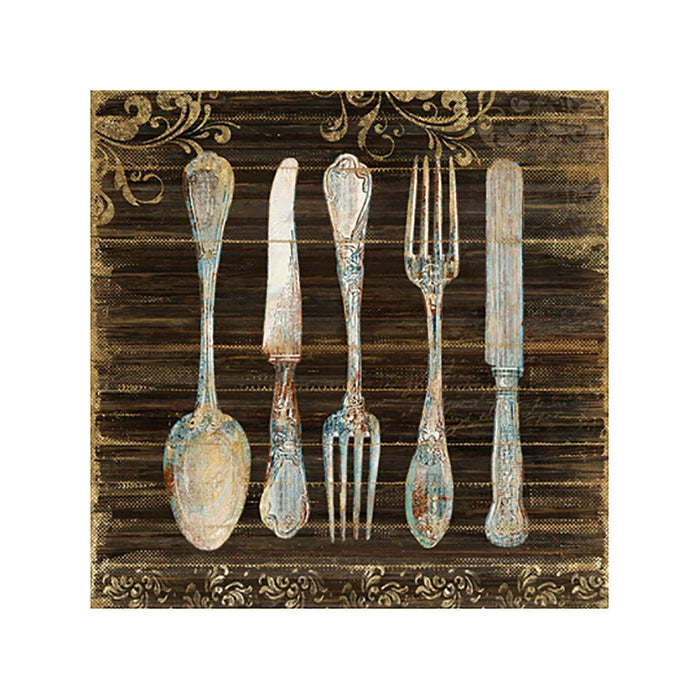 Shopbobbys Premius On The Table Fork, Spoon, Knife Canvas Kitchen Wall Art, Brown, 12X12 Inches