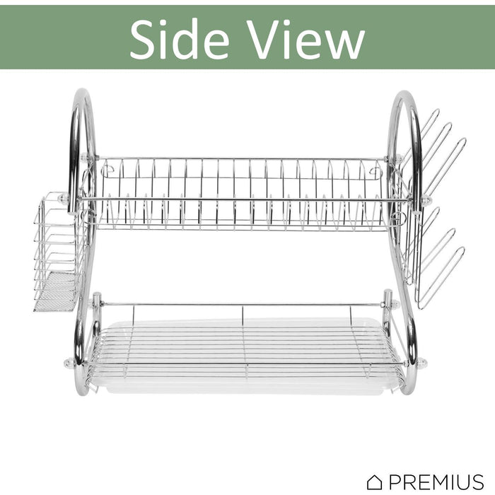 Shopbobbys Premius 2-Tier Chrome Finish S-Shape Dish Rack With Removable Drainage Tray And Cutlery Holder, 16X9.75X15 Inches