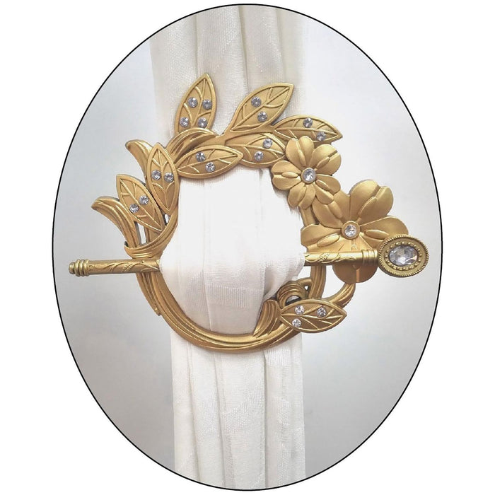 Shopbobbys Premius Flower And Leaf With Diamond Decorative One Pair Curtain Tie Back, Gold, 8X7 Inches