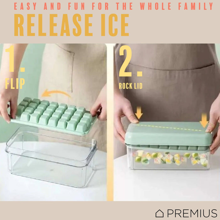 Shopbobbys Premius 2 Tray Ice Cube Tray With Container And Scoop, Green-Clear