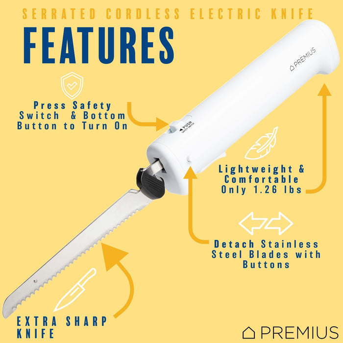 Shopbobbys Premius Professional Rechargeable Cordless Electric Knife, 1 Serrated Blade, White