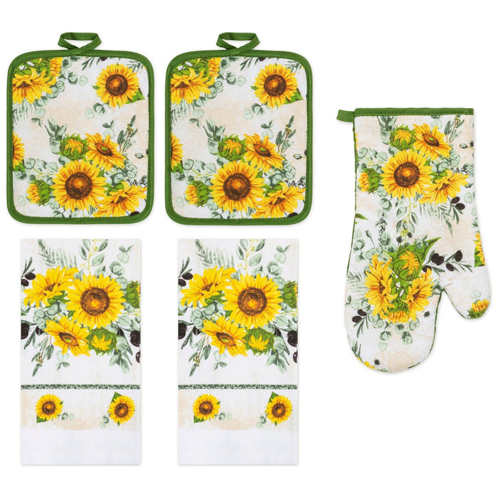 Shopbobbys Premius 5 Piece Printed Kitchen Linen Set, 2 Cotton Towels, 2 Pot Holders, 1 Oven Mitt