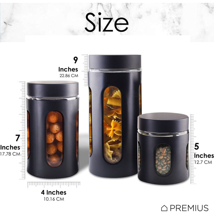 Shopbobbys Premius Airtight 3-Piece Kitchen Glass Canister Set, Matte Black