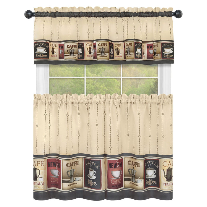 Achim Cozy Cafe Printed Kitchen Curtain Set, Tan-Black, Valance 58x13, Tiers 58x36 Inches