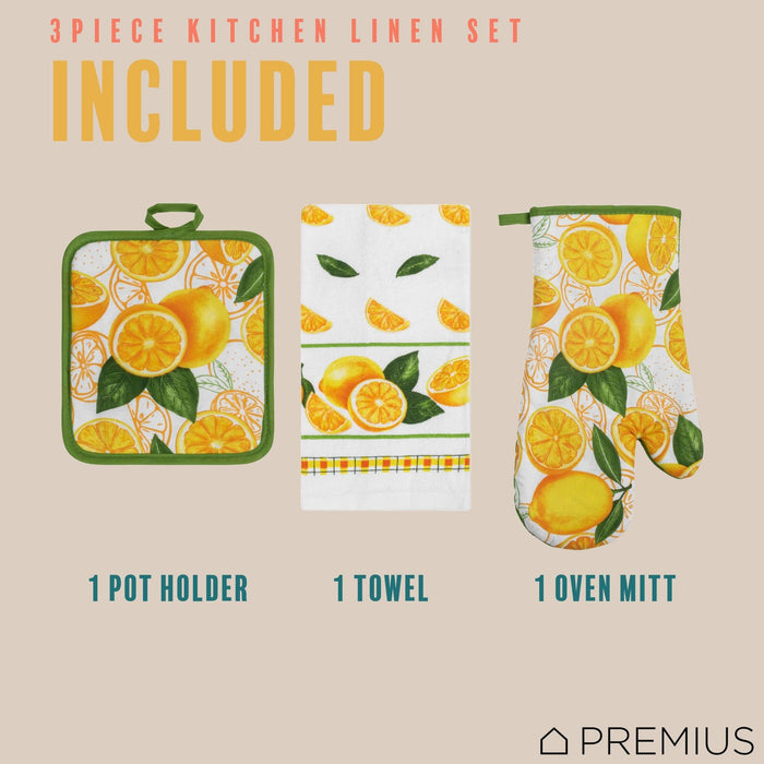 Shopbobbys Premius 3 Piece Printed Kitchen Linen Set, 1 Cotton Towel, 1 Pot Holder, 1 Oven Mitt