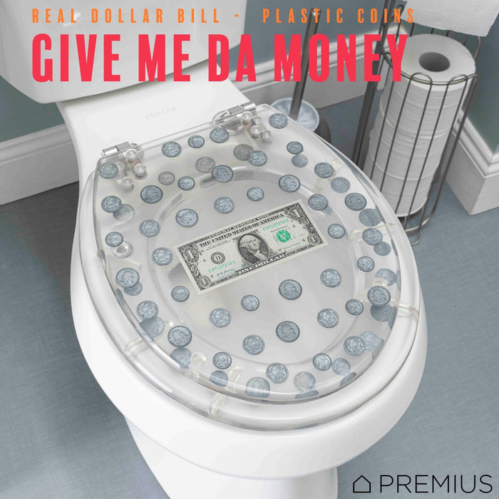 Shopbobbys Premius Polyresin Dollar Bill & Coins Money Toilet Seat, Clear, Standard Round, 17 Inches