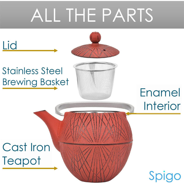 Shopbobbys Spigo Hakone Cast Iron Enamel Teapot With Stainless Infuser, Red, 33 Ounces