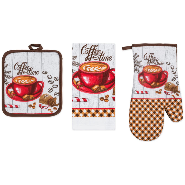 Shopbobbys Premius 3 Piece Printed Kitchen Linen Set, 1 Cotton Towel, 1 Pot Holder, 1 Oven Mitt