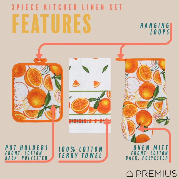 Shopbobbys Premius 3 Piece Printed Kitchen Linen Set, 1 Cotton Towel, 1 Pot Holder, 1 Oven Mitt