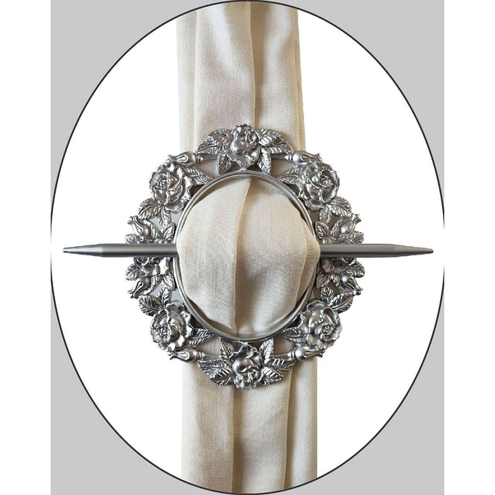 Shopbobbys Premius Rose Oval Decorative One Pair Of Curtain Tie Back, Silver, 7X8 Inches