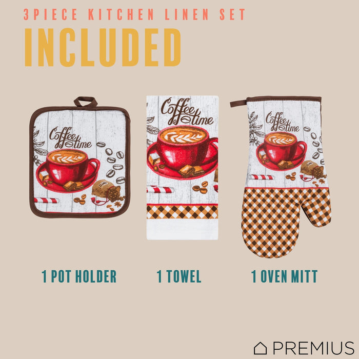 Shopbobbys Premius 3 Piece Printed Kitchen Linen Set, 1 Cotton Towel, 1 Pot Holder, 1 Oven Mitt