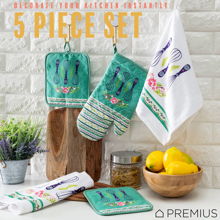 Shopbobbys Premius 5 Piece Printed Kitchen Linen Set, 2 Cotton Towels, 2 Pot Holders, 1 Oven Mitt