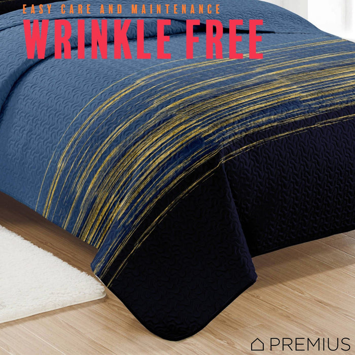 Shopbobbys Premius Leo 3 Piece Microfiber Wrinkle-Free Quilt Set, Navy-Gold