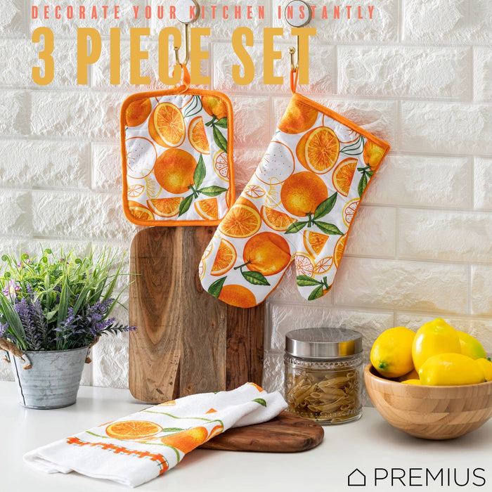 Shopbobbys Premius 3 Piece Printed Kitchen Linen Set, 1 Cotton Towel, 1 Pot Holder, 1 Oven Mitt