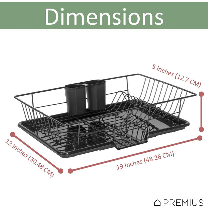 Shopbobbys Premius 3-Piece Dish Drainer With Cutlery Holder, Black, 19X12X5 Inches