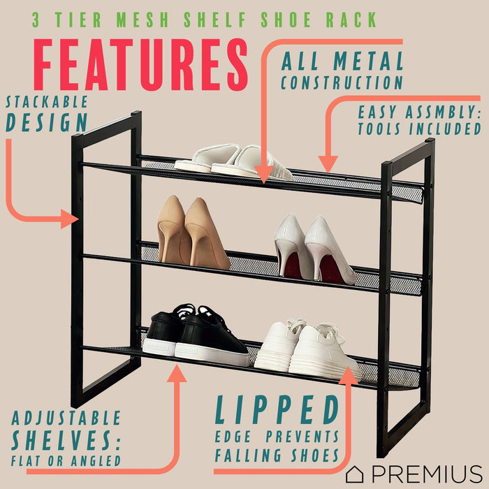 PREMIUS 3 Layer Metal Mesh Shelf Shoe Rack, Black, 29x12x16.5 Inches