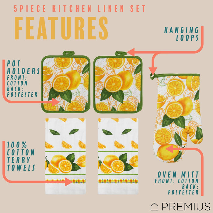 Shopbobbys Premius 5 Piece Printed Kitchen Linen Set, 2 Cotton Towels, 2 Pot Holders, 1 Oven Mitt