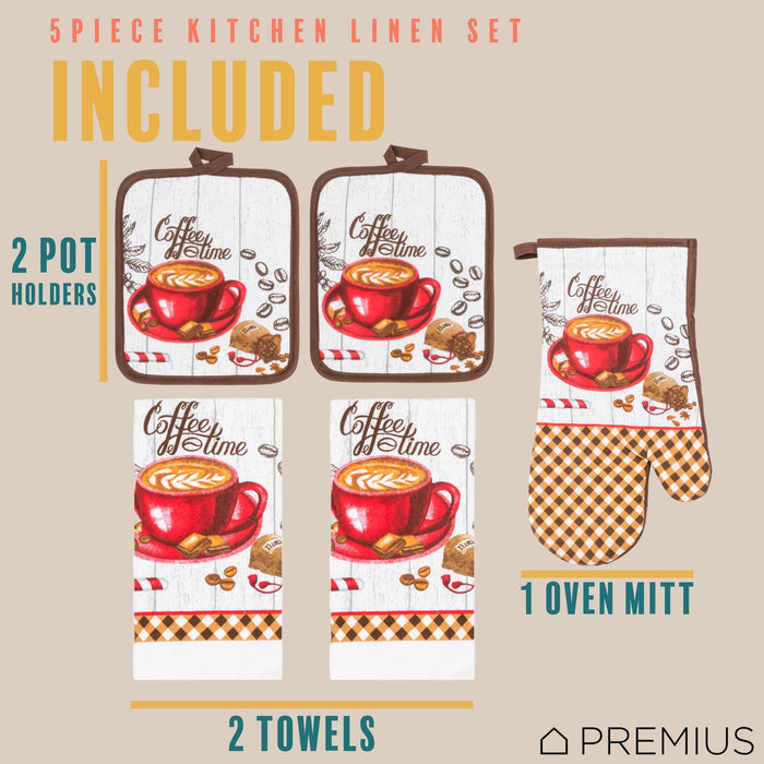 Shopbobbys Premius 5 Piece Printed Kitchen Linen Set, 2 Cotton Towels, 2 Pot Holders, 1 Oven Mitt