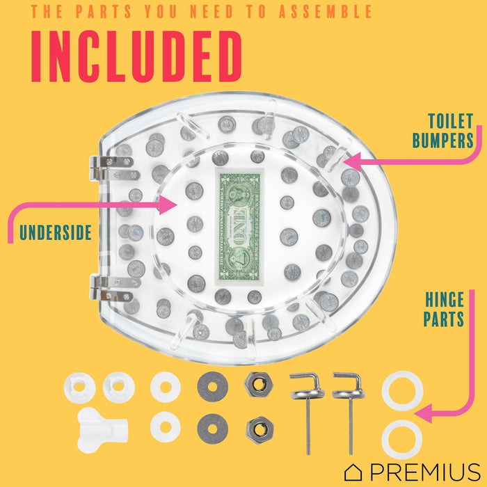 Shopbobbys Premius Polyresin Dollar Bill & Coins Money Toilet Seat, Clear, Standard Round, 17 Inches